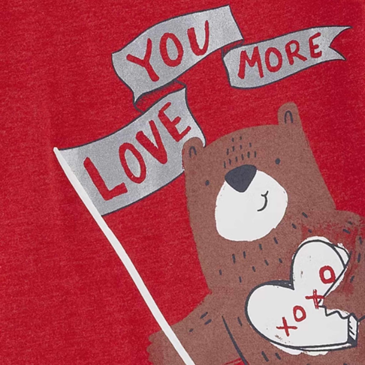 red toddler boys top from set close up with bear holding flags that say "Love You More".