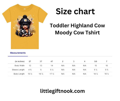 Golden yellow tshirt of black and brown highland cow in flannel and beanie size chart on white background.