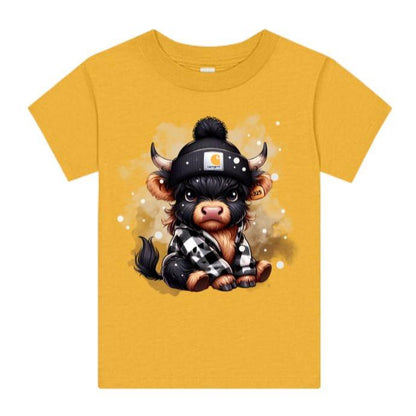 Golden yellow toddler tshirt with black grown highland cow in flannel and beanie hat on front. Shirt sitting on white background.  Little Gift Nook