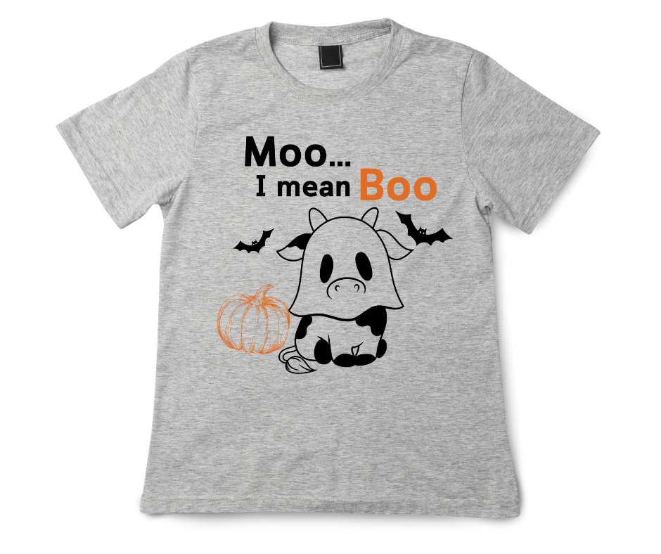 Gray orange and black toddler Moo... I mean Boo cow ghost and pumpkin tshirt sitting on white background. Little Gift Nook