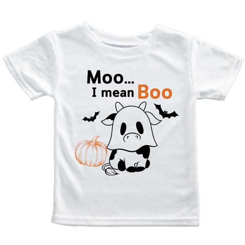 White orange and black toddler Moo... I mean Boo cow ghost and pumpkin tshirt sitting on white background. Little Gift Nook