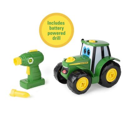 John Deere toy tractor and drill set with battery power sitting on white background.