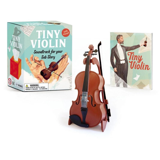 Tiny violin funny sob story gift with stand and book sitting on white background. Little Gift Nook