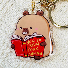 Load image into Gallery viewer, Capybara reading book how to train your human acrylic keychain.  Little Gift Nook.