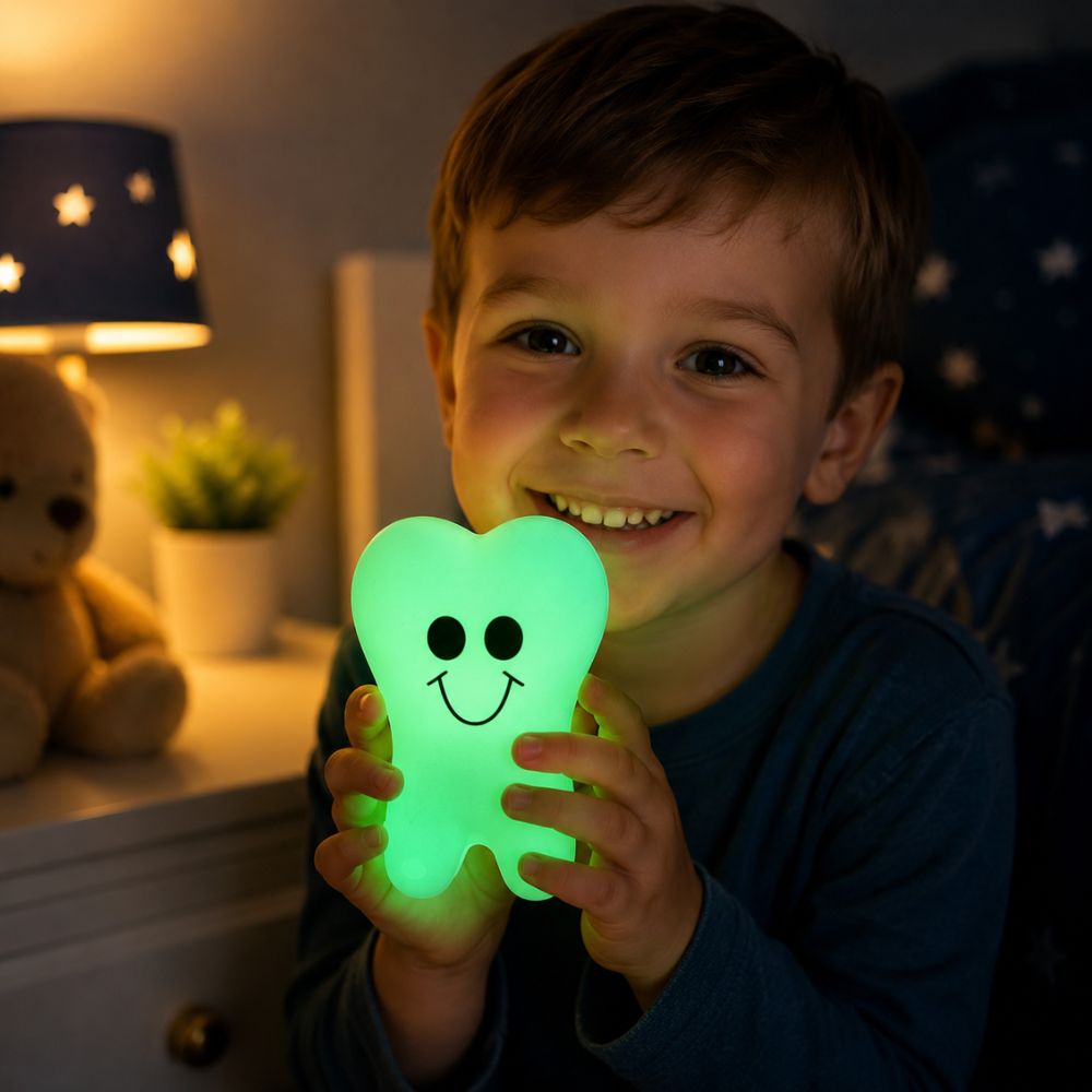 Child holding a glowing green tooth-shaped tooth fairy container in a bedroom setting.