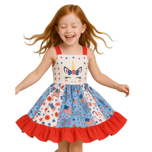 little girl twirling in patriotic unicorn dress red white and blue - Little Gift Nook