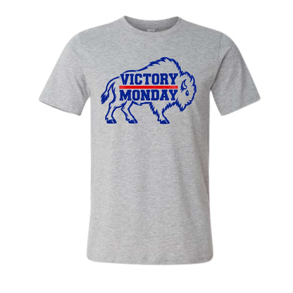 Heather gray Victory Monday Blue and red Buffalo Football T-shirt on a white background.