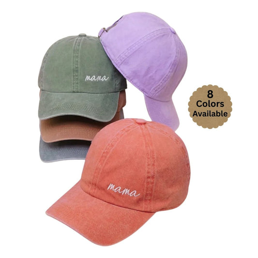 Five baseball caps in multiple colors with 'mama' embroidery on a white background.