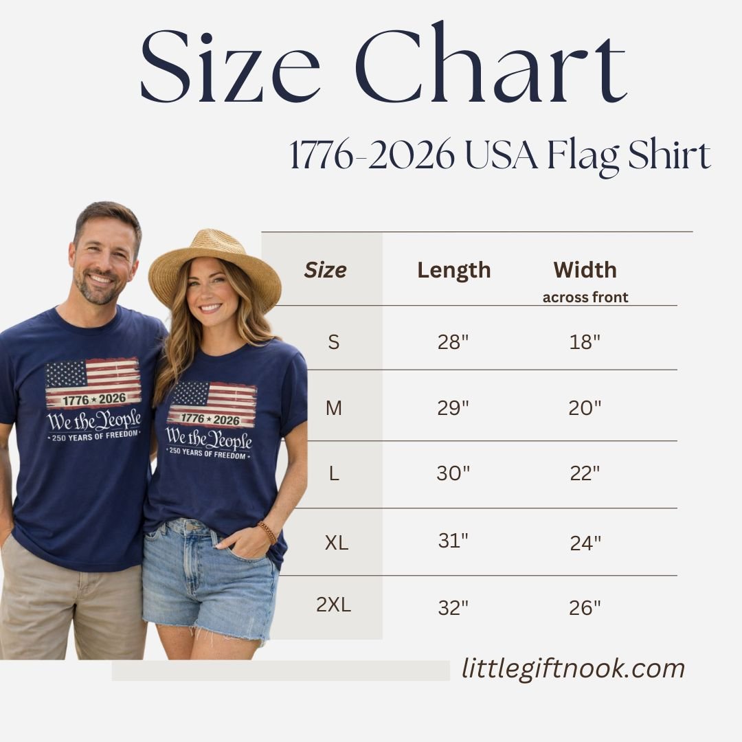 Size chart for 1776-2026 USA Flag Shirt with two people wearing the shirt.