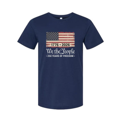 Navy USA flag 1776-2026 250 years freedom tshirt on a white background.