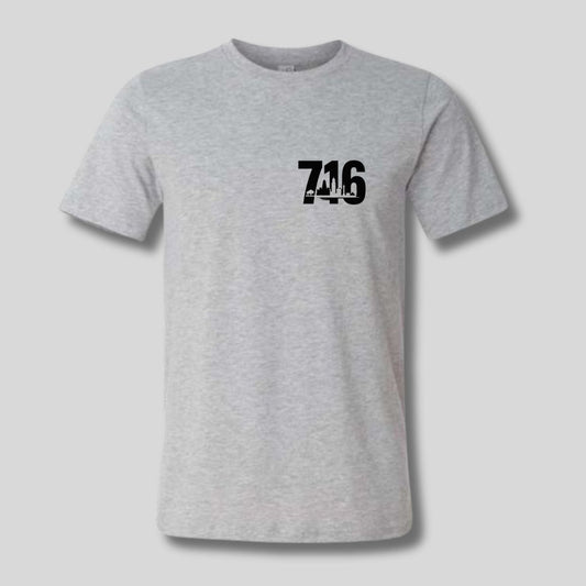 Gray t-shirt with black number '716' and city skyline and buffalo on left chest on a light gray background. Little Gift Nook
