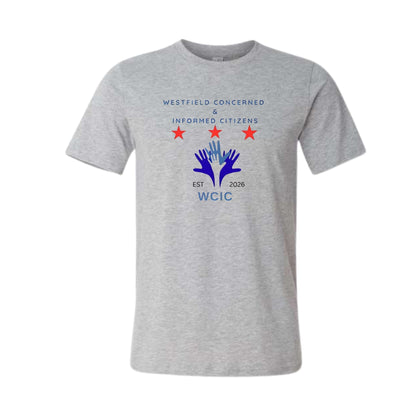 Gray t-shirt with Westfield Concerned & Informed Citizens logo on a white background