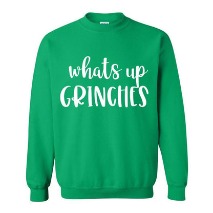 Green white "Whats up Grinches" crewneck sweatshirt sitting on white background. Little Gift Nook