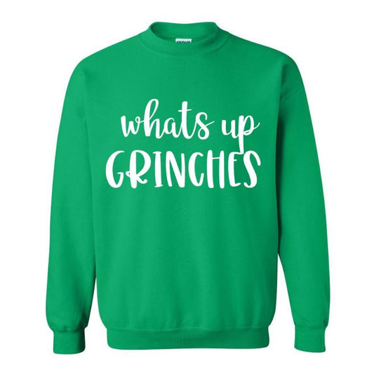 Green white "Whats up Grinches" crewneck sweatshirt sitting on white background. Little Gift Nook