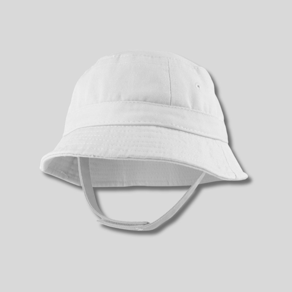 White baby bucket sunhat with chin strap on a light gray background.