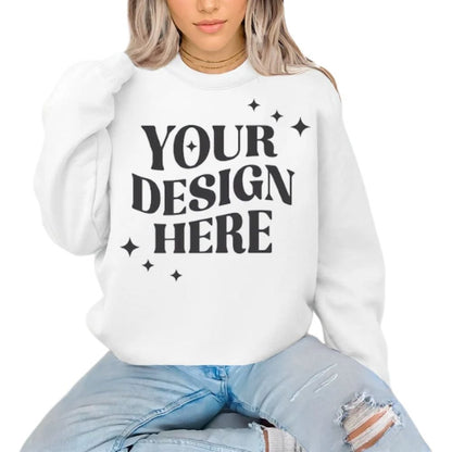 woman wearing white crewneck sweatshirt - our design here on front - Little Gift Nook