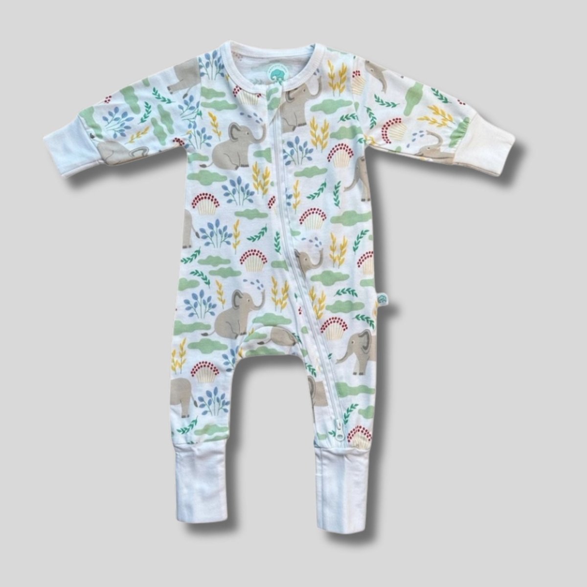 Grow with Me Elephant Romper Baby Sleeper in 100% Organic Cotton with double zipper and fold over hands and feet. On Gray Background- Little Gift Nook