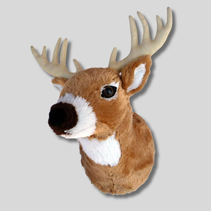 Whitetail Deer Buck Plush Wall Mount on light gray background. 