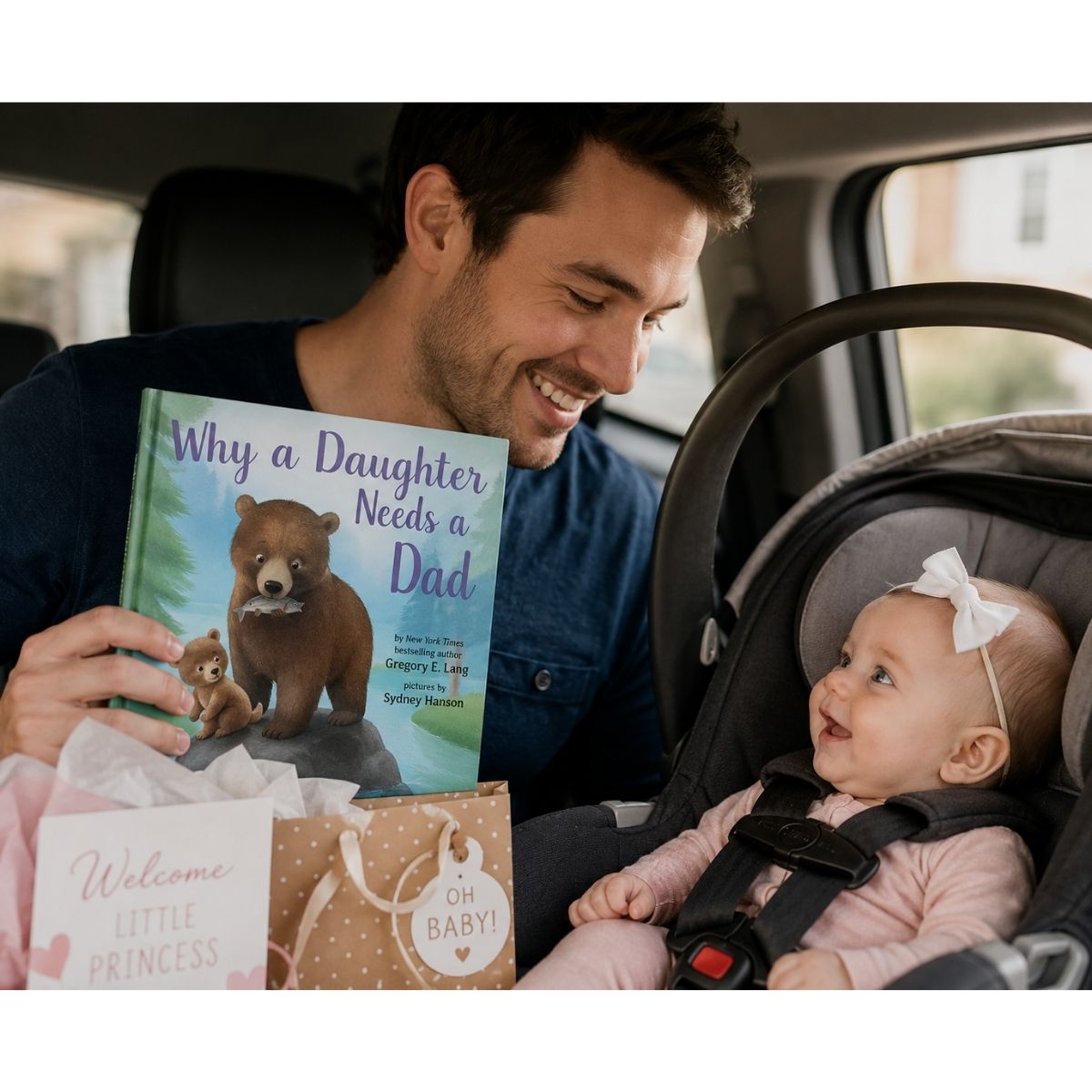 Dad and baby daughter with Why a Daughter Needs a Dad book in car.