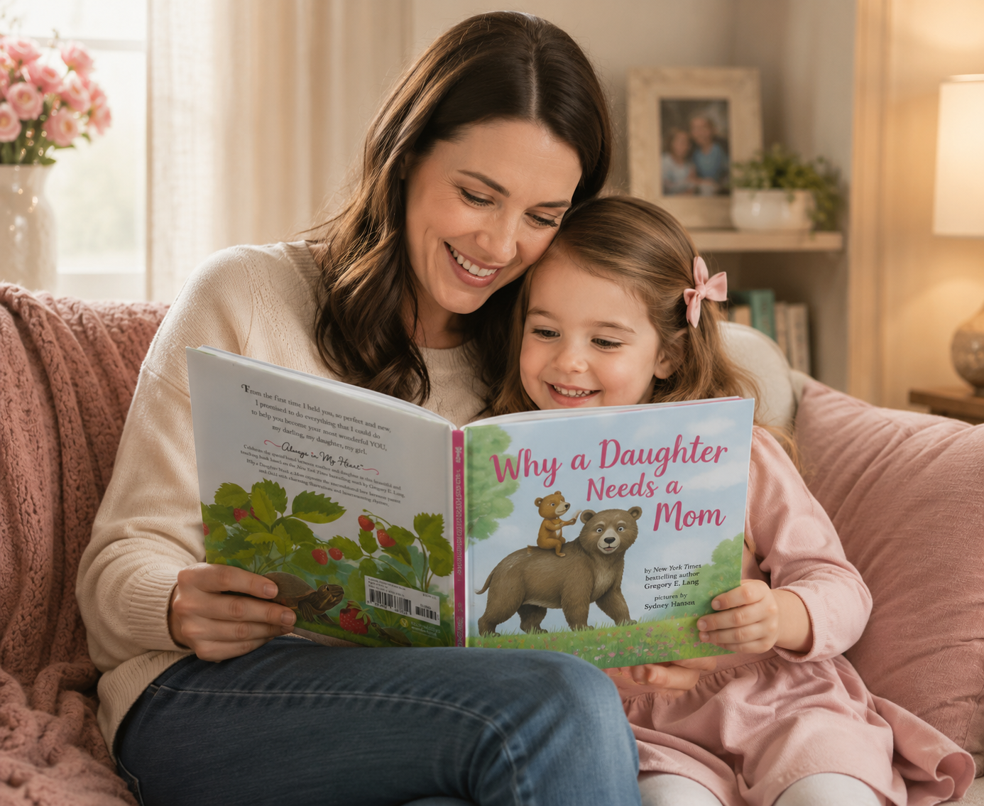 Mom and daughter reading book "Why a daughter needs a mom" sitting on pink couch.