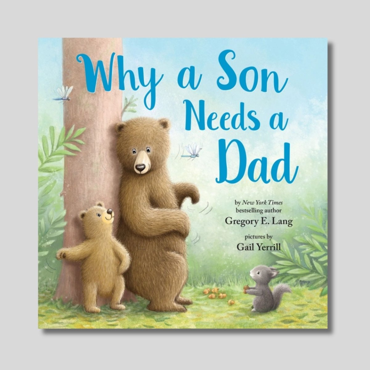 Why a Son Needs a Dad hardcover Book with bears on front sitting on gray background.