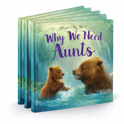 Book titled 'Why We Need Aunts' with two bears on the cover, displayed against a white background.