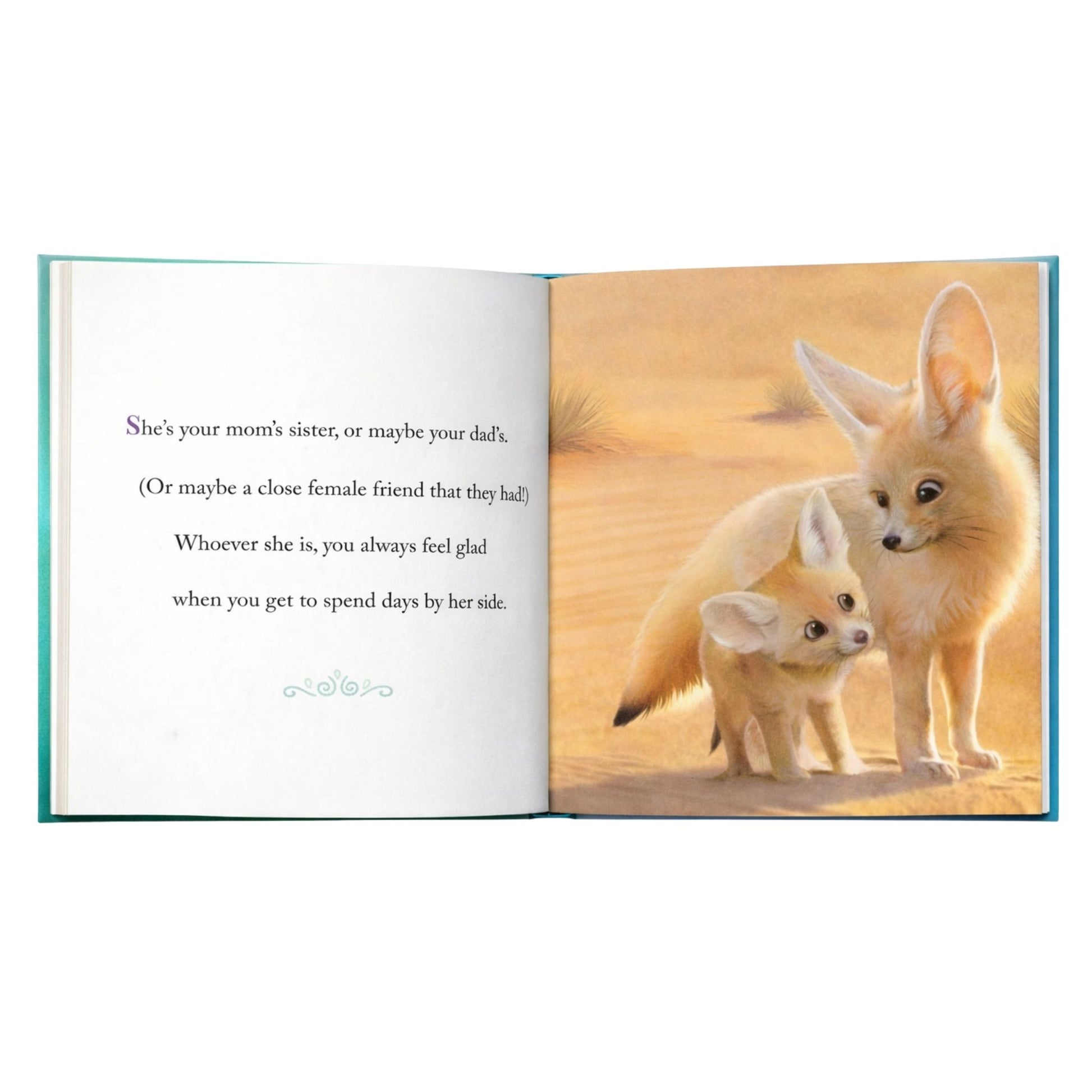 Open "why we need aunts" book with 2 fox's and text about aunts sitting on white background.