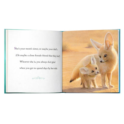 Open "why we need aunts" book with 2 fox's and text about aunts sitting on white background.