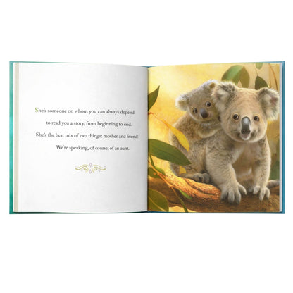 Open book of "why we need aunts" with 2 koala's and text about aunts sitting on white background.