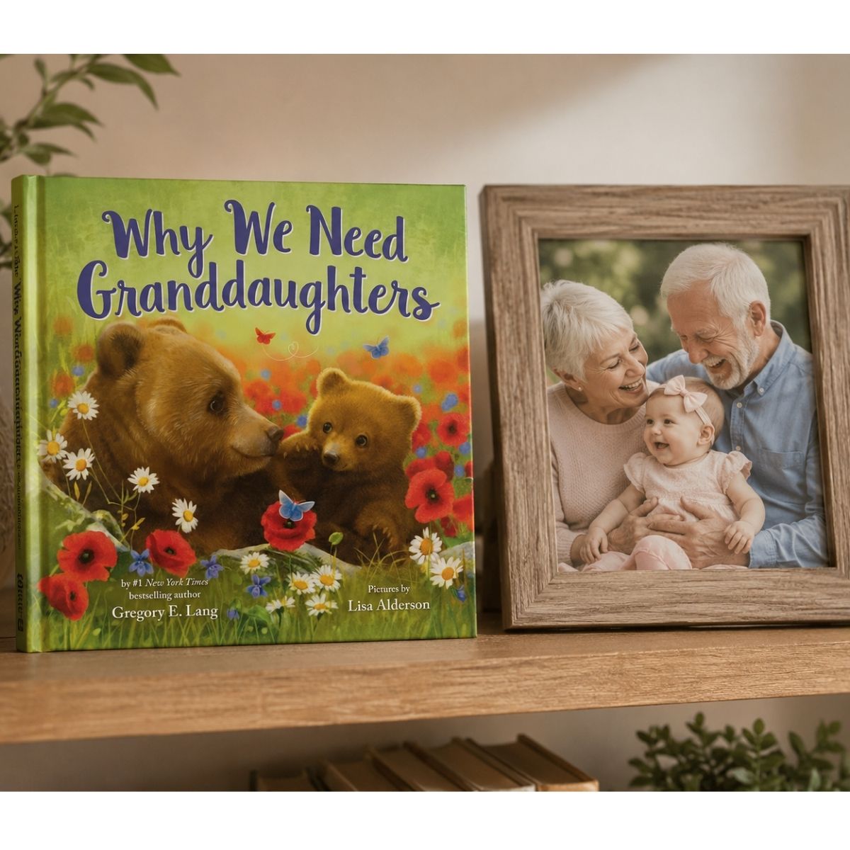 Book titled 'Why We Need Granddaughters' with a framed photo of an elderly couple and a baby on a wooden surface.