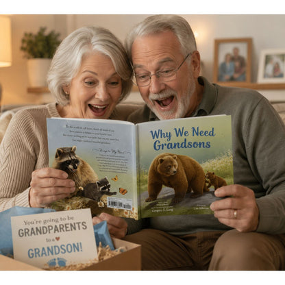 Senior couple reading a book titled 'Why We Need Grandsons' with a surprised expression, surrounded by gift box and note "You're going to be grandparents to a grandson".