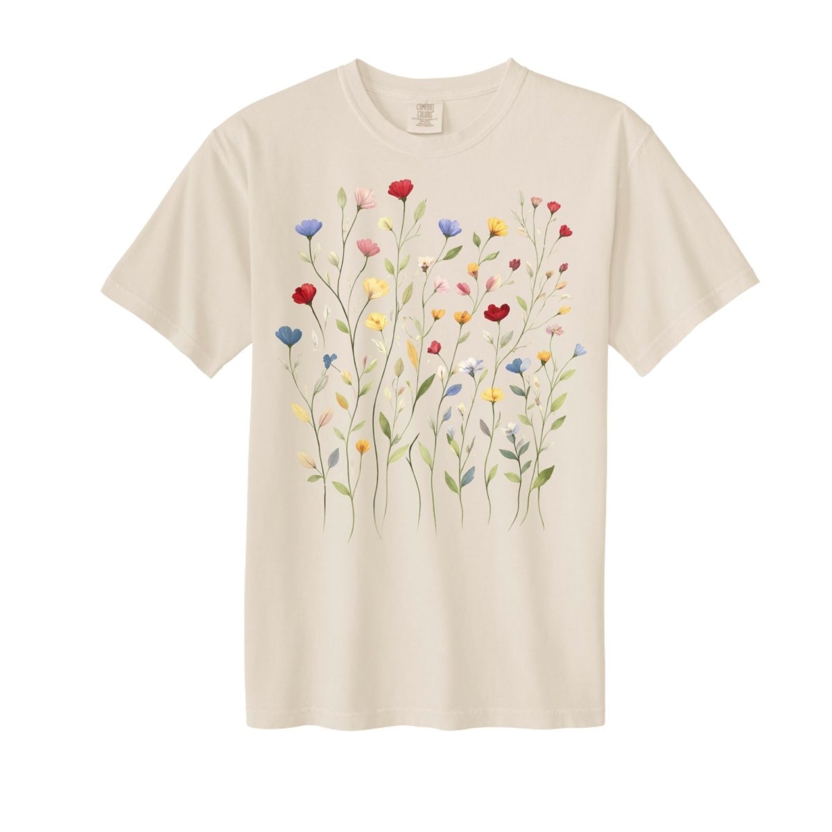 Beige adult short sleeved tshirt with colorful wildflowers on front sitting on white background.