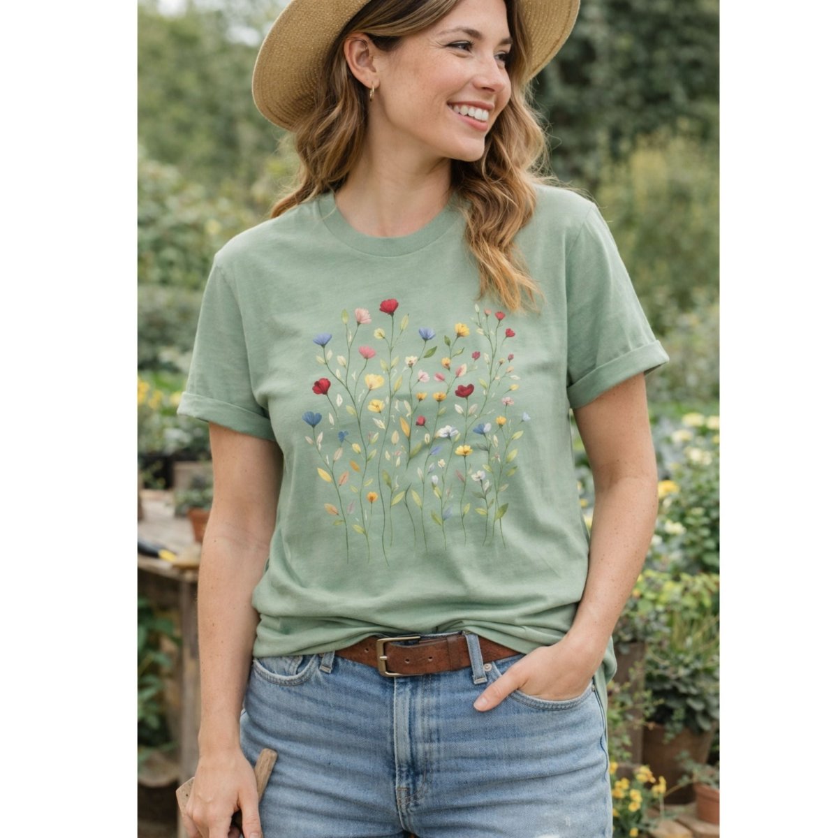 Woman wearing sage green wildflowers tshirt and jeans in a garden outdoors.