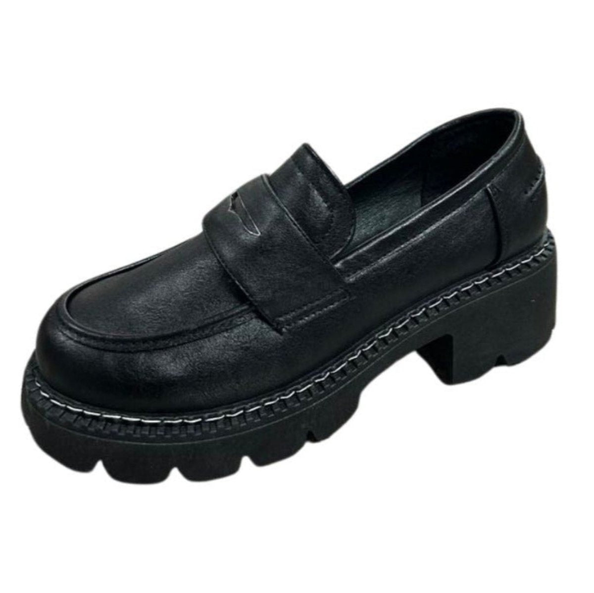 Woman's Black Chunky slip on Platform Shoe inside view on white background.