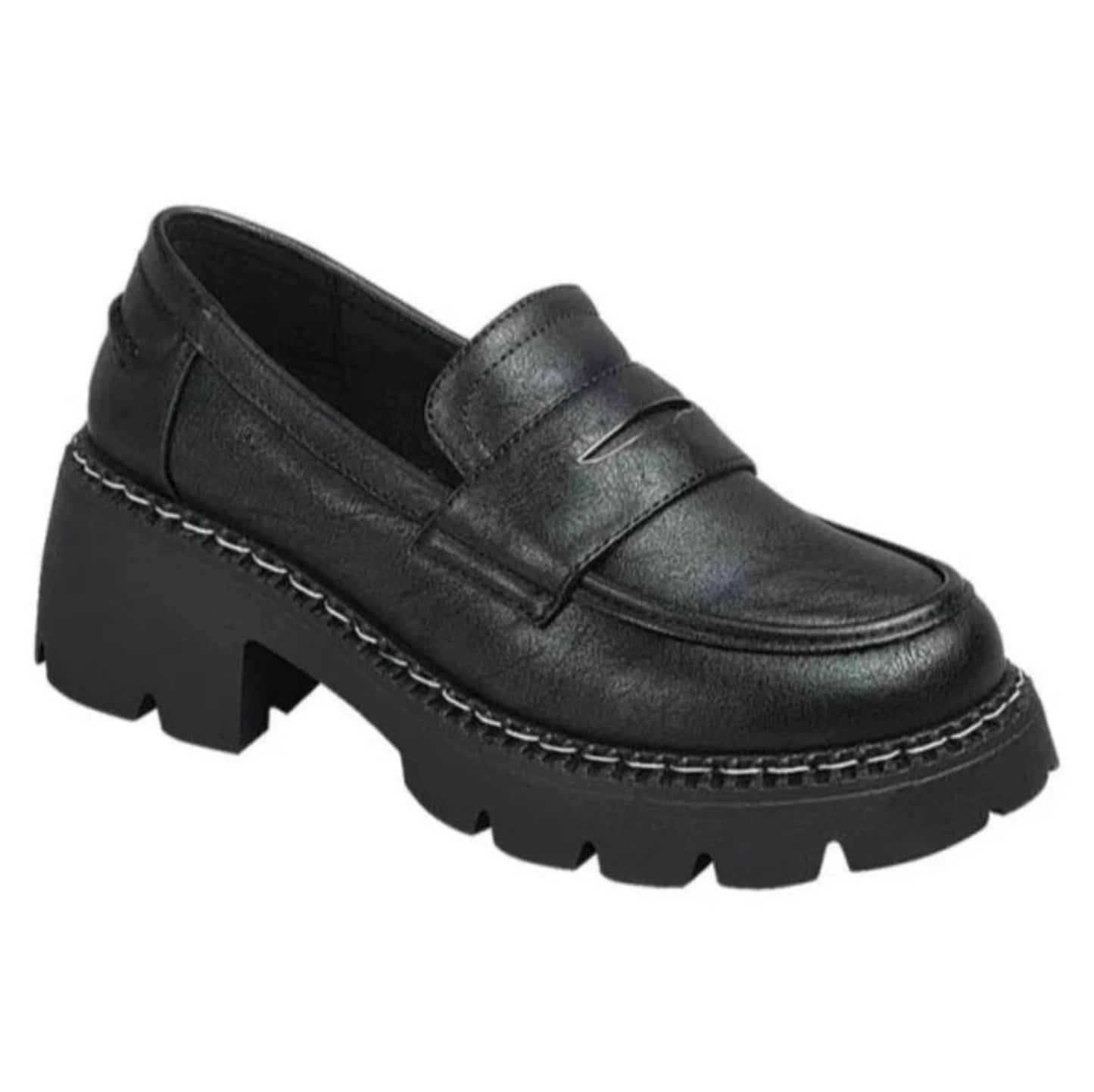 Woman's Black Chunky Platform Slip on shoes on white background.