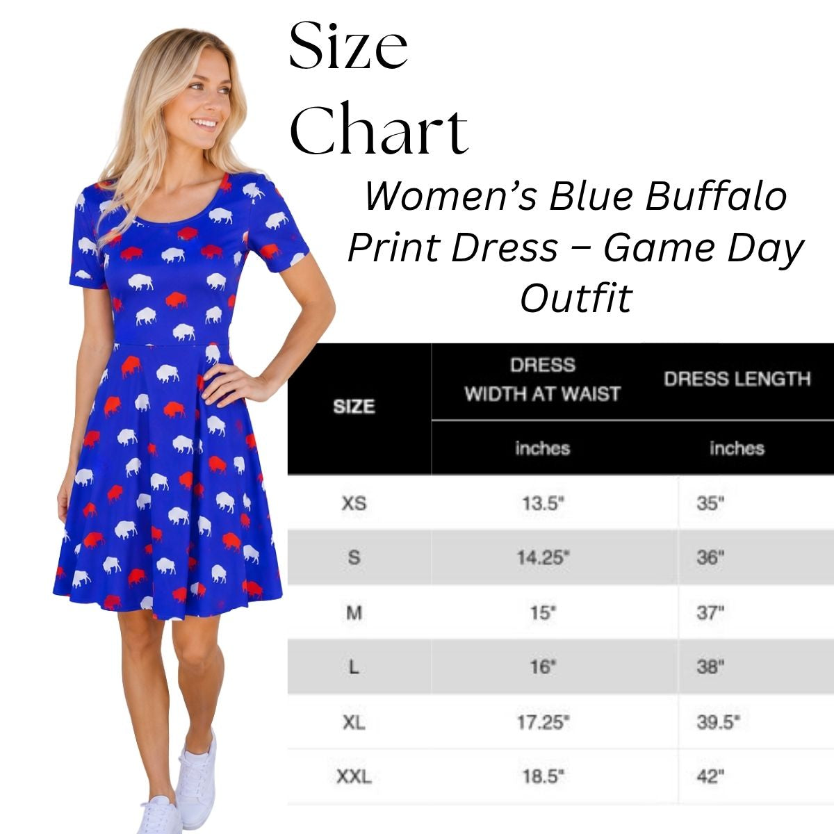 Size chart for woman's royal blue buffalo silhouette dresses.
