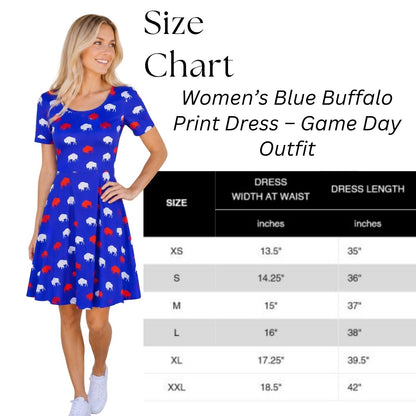 Size chart for woman's royal blue buffalo silhouette dresses.