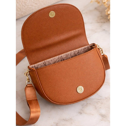 Kedzie Luna Chestnut brown cross body bag open with snap magnetic closure.