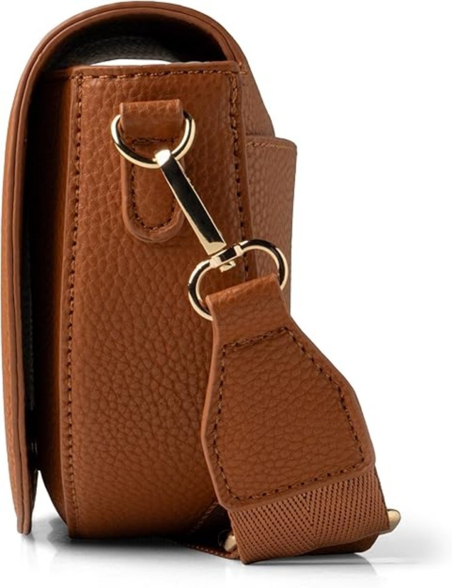 Women's Kedzie Luna crossbody purse in chestnut side view of purse with removable strap on a white background.