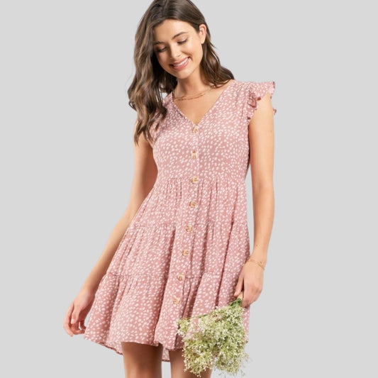 Women's Pink Button Up Mini Dress. Woman wearing dress that falls above knee.  - Little Gift Nook