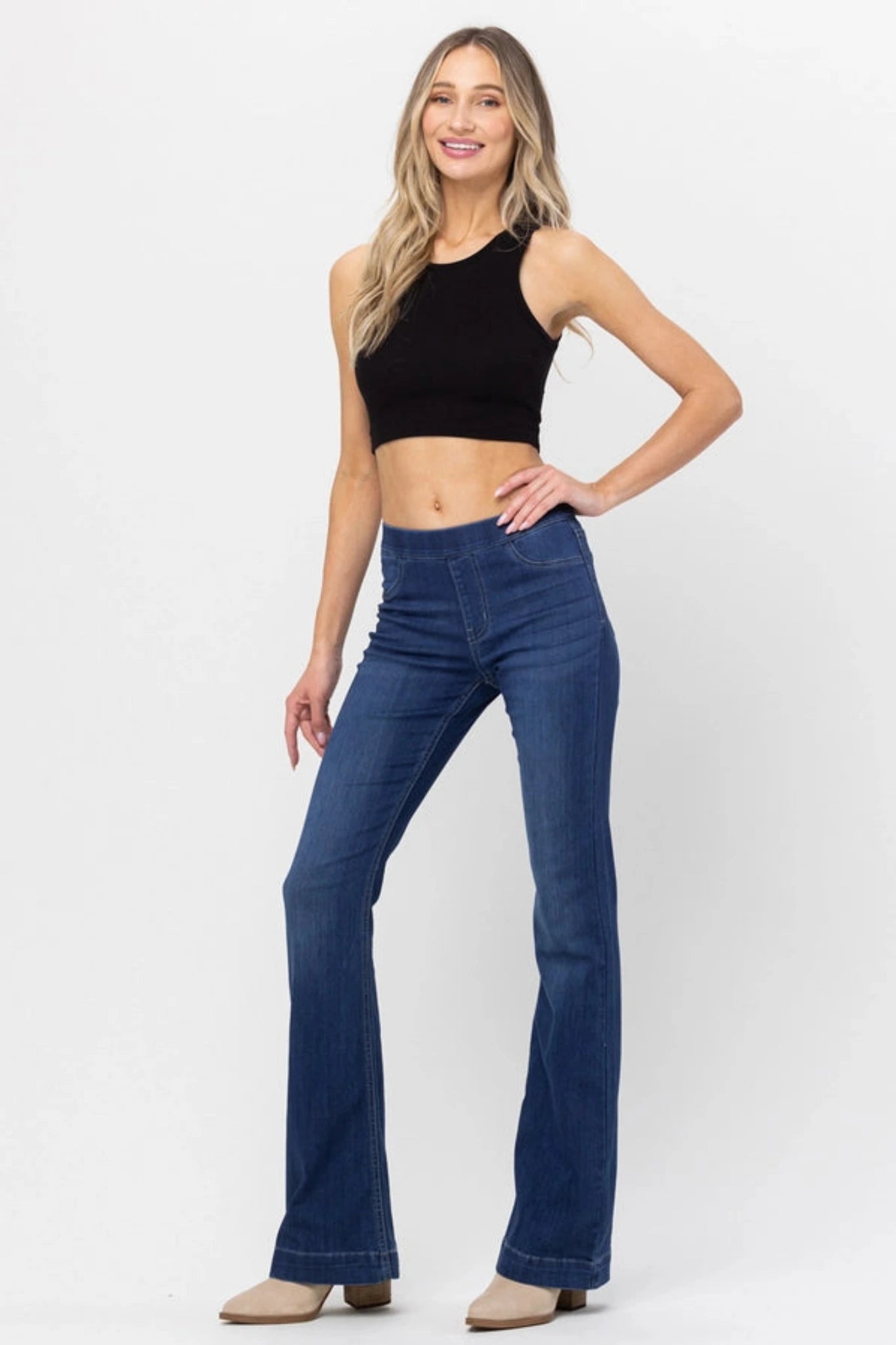 Women's Dark Denim Pull On Flare Jeans. Tall fit. Mid rise. - Little Gift Nook