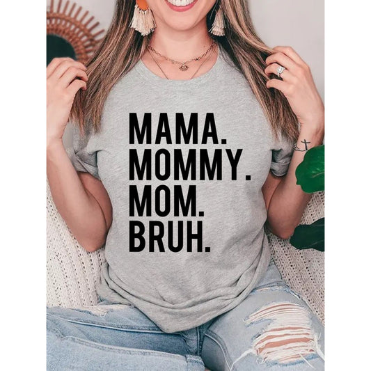 women's heather gray chunky bold letters "MAMA MOMMY MOM BRUH" tshirt. Heat Film Transfer - Little Gift Nook.