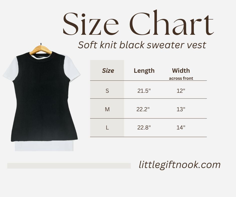 Women's Black soft knit vest size chart. - Little Gift Nook