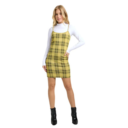 Women's Yellow Plaid Mini Dress & Top Set. 2 pieces. white long sleeved shirt is separate from dress. Stretchy and true to size!  - Little Gift Nook