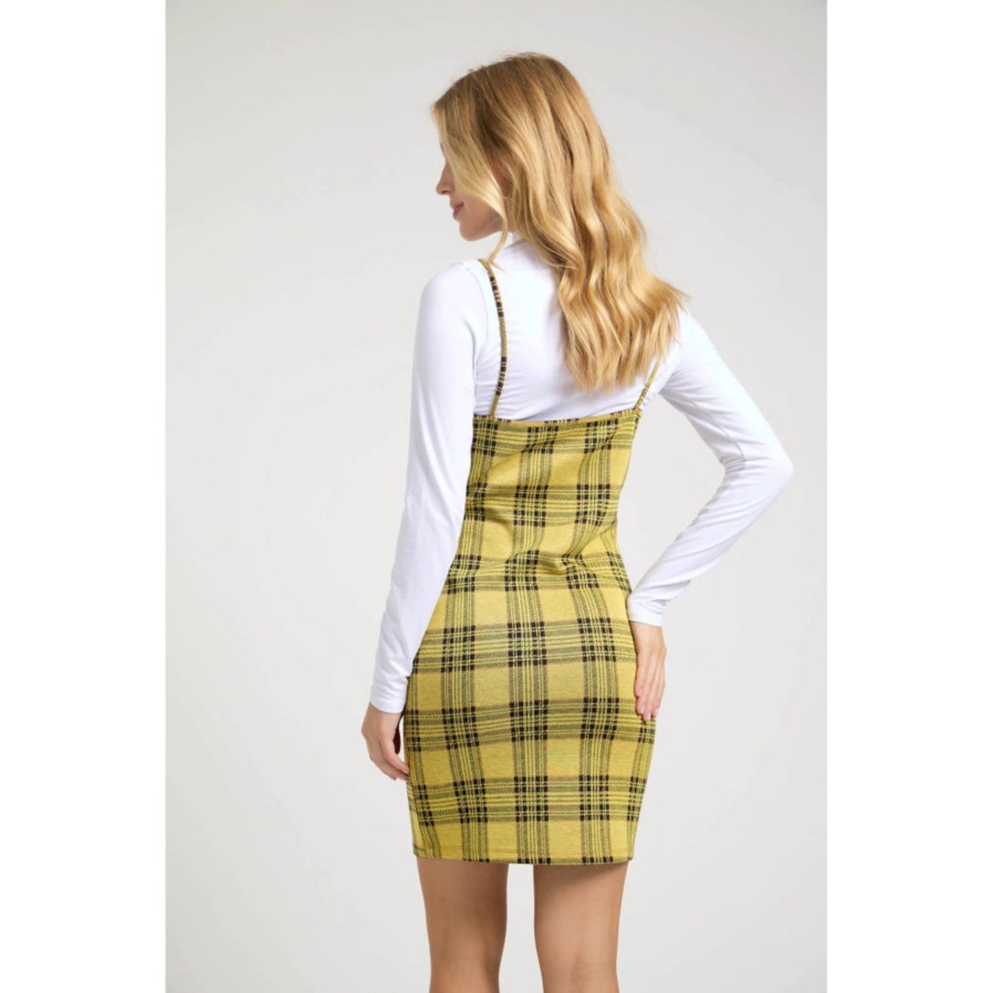 Women's Yellow Plaid Mini Dress & Top Set. 2 pieces. Back view of dress. Little Gift Nook.