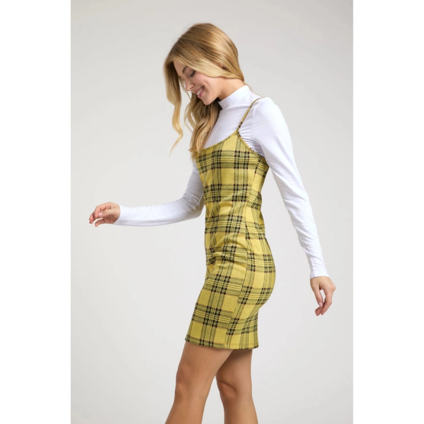 Women's Yellow Plaid Mini Dress & Top Set. 2 pieces. Side view. Shirt is removable. Little Gift Nook.