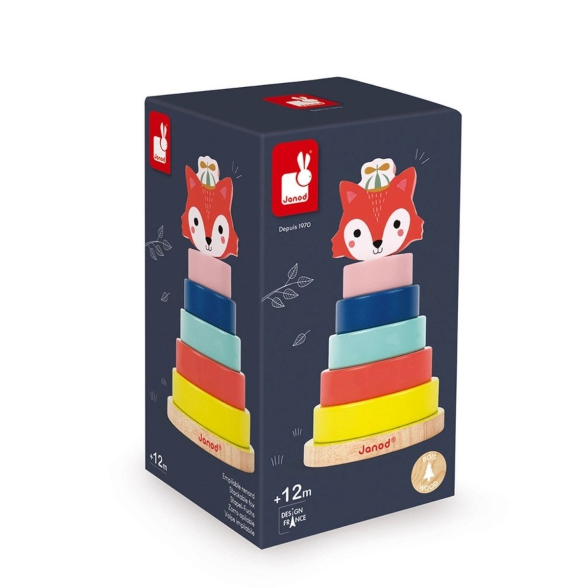 Janod wooden colorful rings fox stacking toy for baby in navy package box on white background.