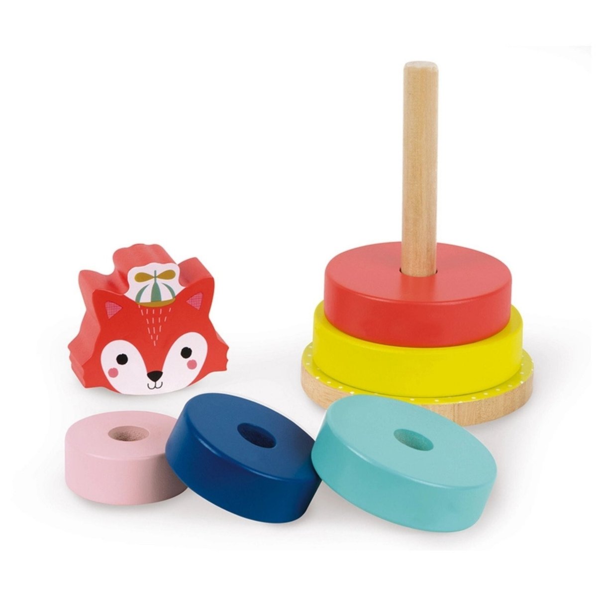 Janod wooden fox 5 stacking rings toy with colorful rings loose and orange fox face head topper on white background.