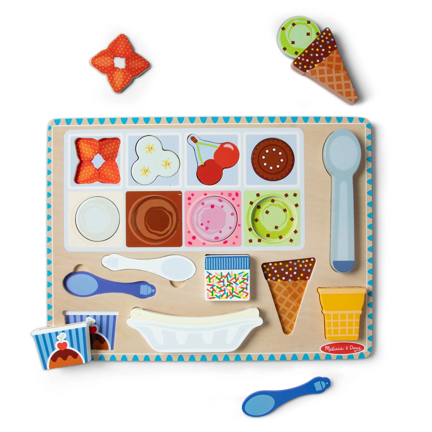 Wooden Magnetic Ice Cream Puzzle with chunky magnetic pieces with images underneath. Little Gift Nook.