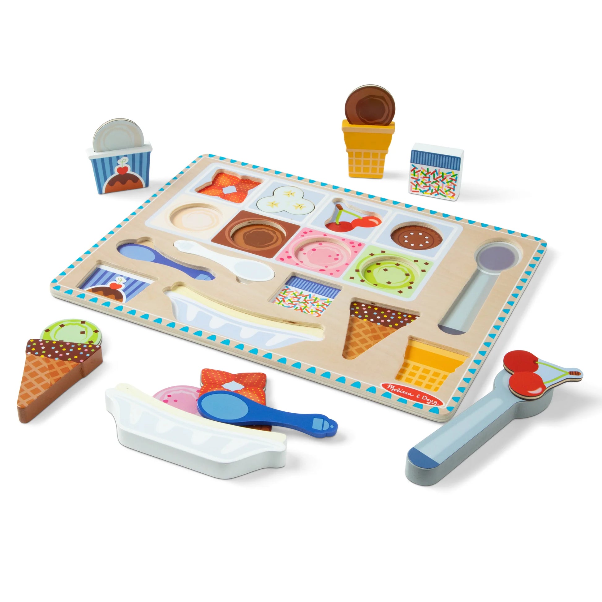 Wooden Magnetic Ice Cream Puzzle with pieces sitting on white background.